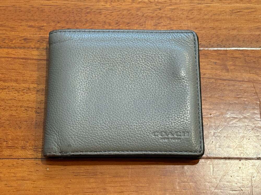 Coach Compact Pebbled Leather Bifold Wallet in Industrial Grey Used Clean